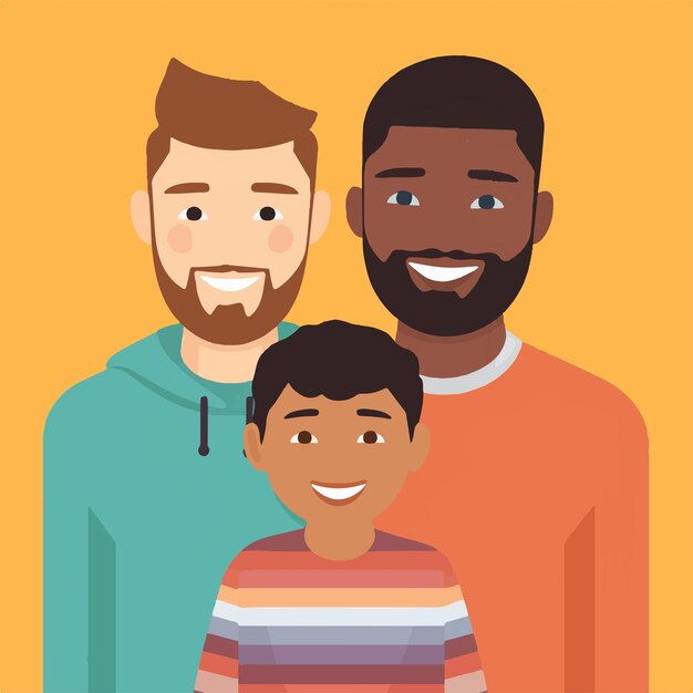 Interracial gay couple with their child flat design