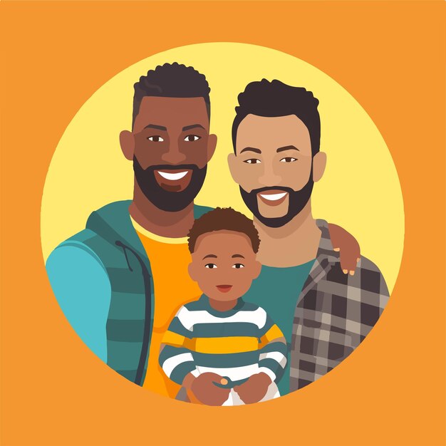 Vector interracial gay couple with their child flat design