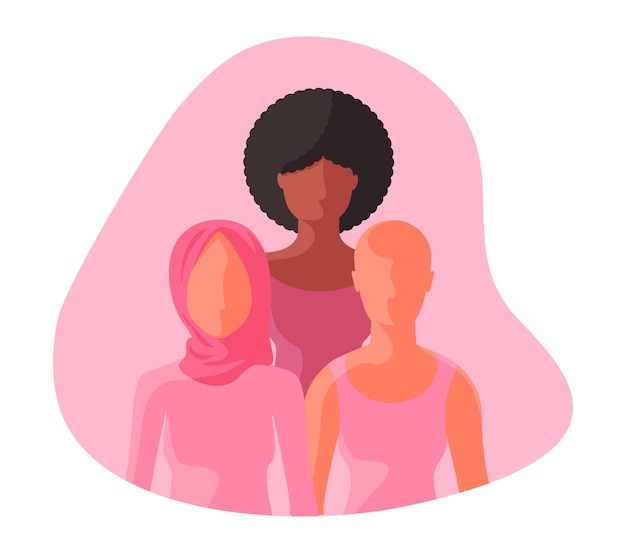 ベクトル 一緒にピンクのリボンを持つ3人の女性の異人種間のグループ