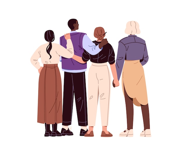 interracial group stands support back view happy friends hug hold hands together behind diverse people embrace cuddle international friendship concept flat isolated vector illustration on white
