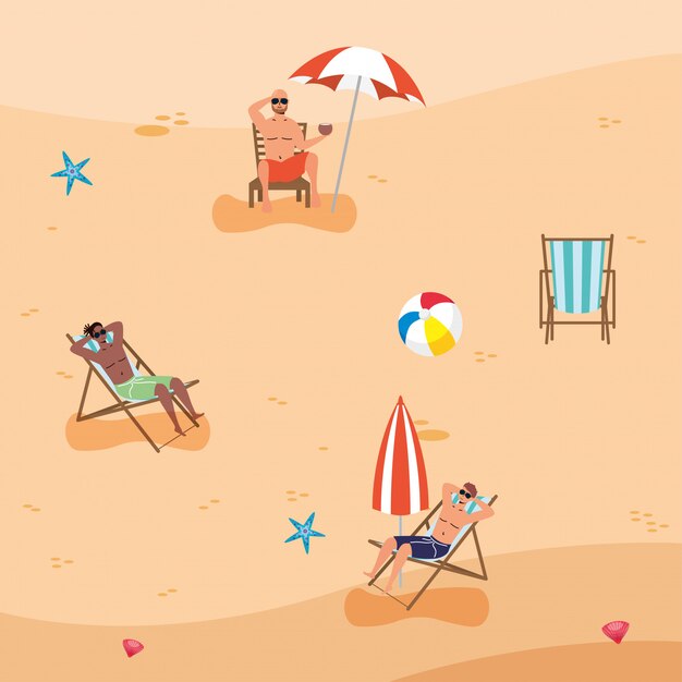 Interracial men on the beach practicing social distance