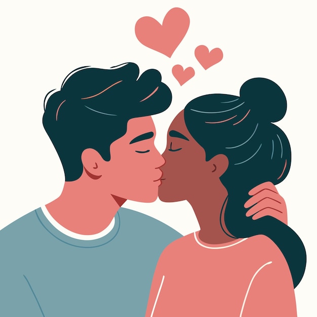Interracial paar van jonge man en vrouw kussen Vector platte illustratie