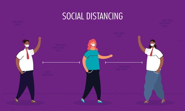 Vector interracial people group practicing social distancing characters