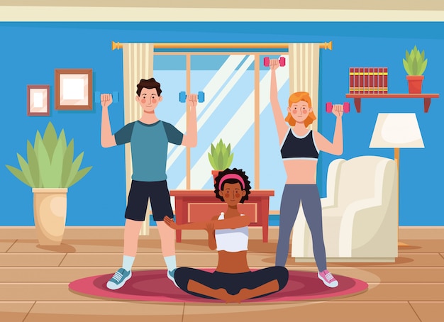 Vector interracial people practicing exercise in the house