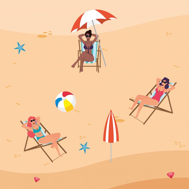 Interracial women on the beach practicing social distance