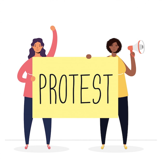 メガホンとプラカードのイラストで抗議する異人種間の女性