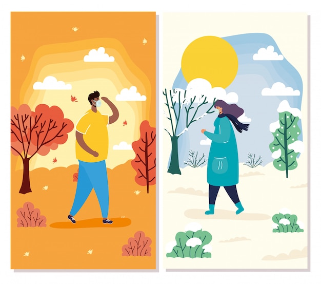 Vector interracial young couple wearing medical masks in seasonal scenes