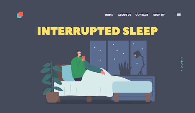 Interrupted sleep insomnia internet communication landing page template male character with phone sit in bed