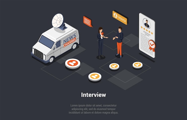 Interview Broadcasting Communication And Brief News Concept Woman Journalist Interviews WellKnown Media Personality Recruitment employment headhunting Isometric 3d Cartoon Vector Illustration