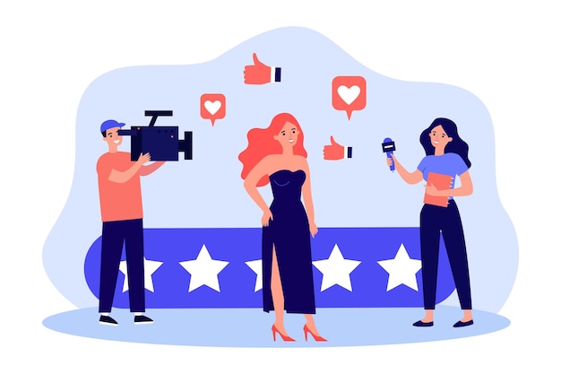 Interview by journalist holding microphone with famous star. man and woman making reportage from show flat vector illustration. vip, journalism concept for banner, website design or landing web page