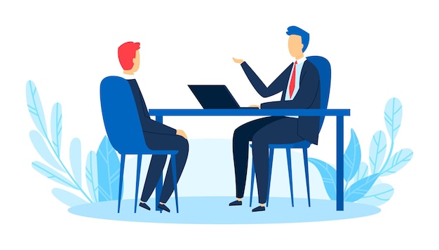 Vector interview concept professionele sollicitatiegesprek mensen uit het bedrijfsleven werken man zakenman ontwerp vlakke stijl vectorillustratie