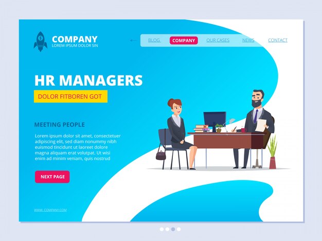 Interview landing. hr manager director male dialogue with female worker business website layout  vector template