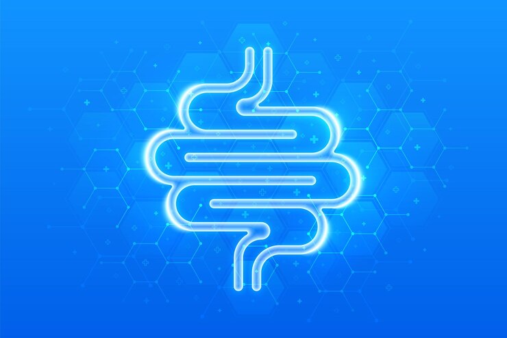Vector intestine icon intestine health diagnosis treatment of the bowel intestinal inflammation colitis dysbacteriosis molecular structure blue medical background with hexagons vector illustration