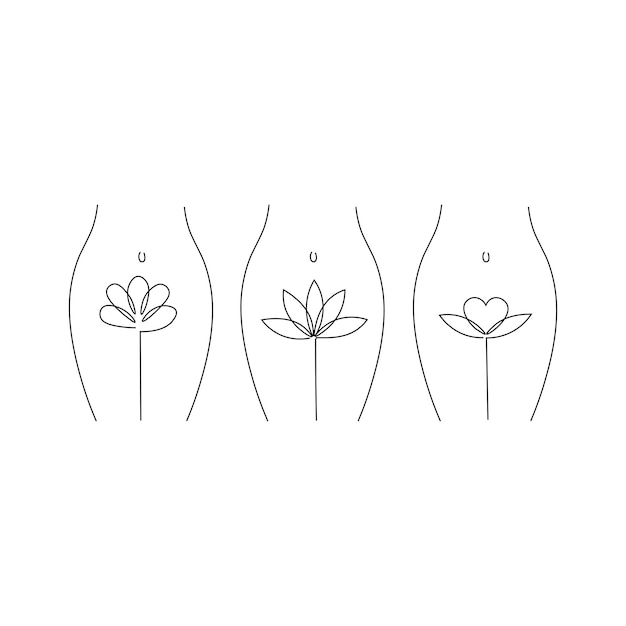 Intimate hygiene Womans with flowers line silhouette Body Care for spa salon eco cosmetics vector