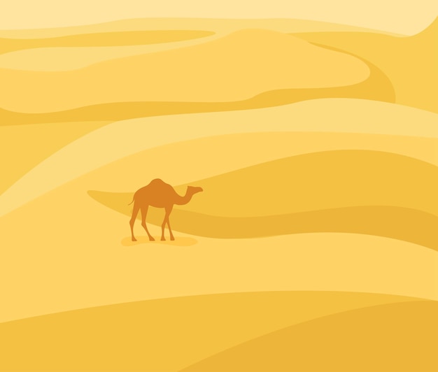 Into the desert: Desert landscape. Camel silhouette on sand background. Vector illustration in flat style.