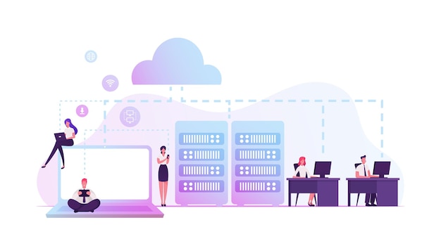 Intranet Private Network of Computers in Organization with Own Server and Firewall. Cartoon Flat Illustration