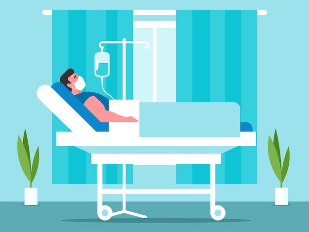 Vector intravenous therapy man on a dropper lying on a hospital gurney in front of a window vector