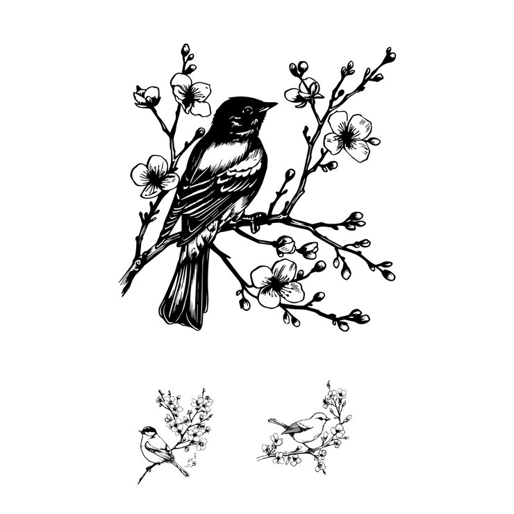 Vector intricate birds on flowering branches a botanical art