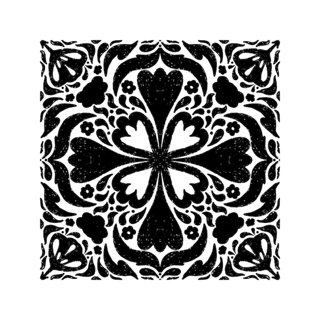 Intricate black pattern with symmetrical ornamental pattern in linocut style Grunge texture tile shape vector element