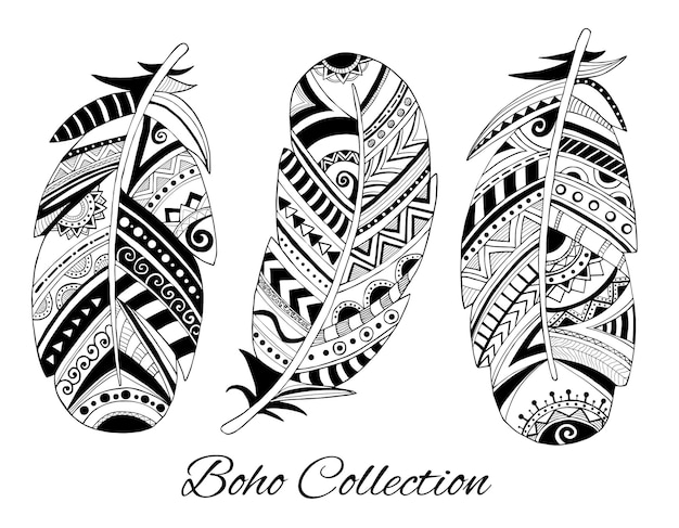 intricate boho feather designs featuring black patterns on white background for artistic flair