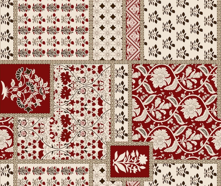 Vector intricate indian patchwork textile design in red and cream