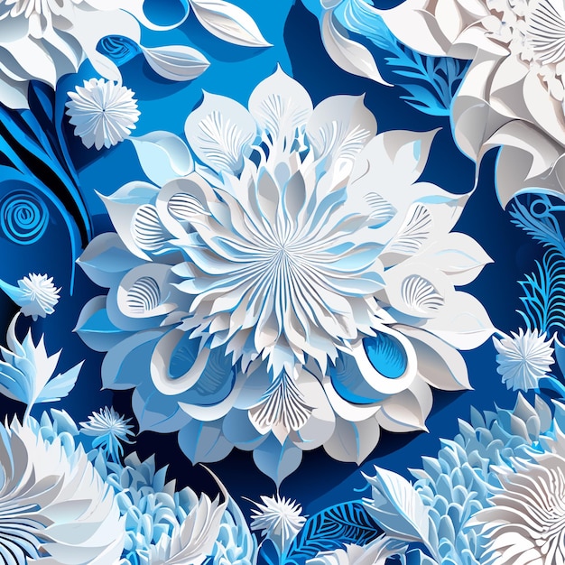 Vector an intricate quilted paper art style illustration of flowers with a dreamy white and blue color