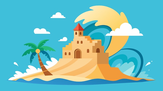 Vector an intricate sandcastle depicting a giant tsunami engulfing a small village with palm trees and