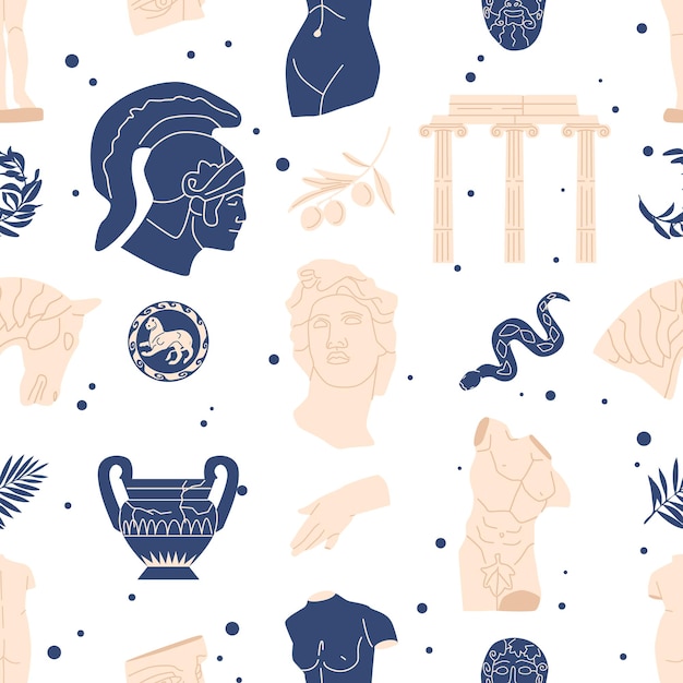 Vector intricate seamless pattern featuring greek antique statues ruins and vases showcasing the elegance