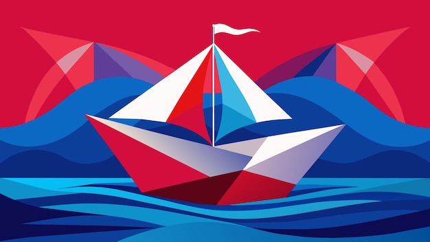 Vector an intricately folded paper sailboat sailing in a sea of vibrant reds and blues representing the