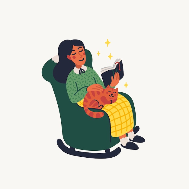 Concetto introverso. ragazza che legge un libro sulla poltrona con un gatto.