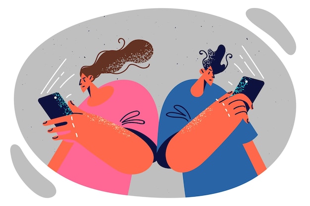 introverted man and woman turn backs to each other use mobile phone after being addicted to gadget