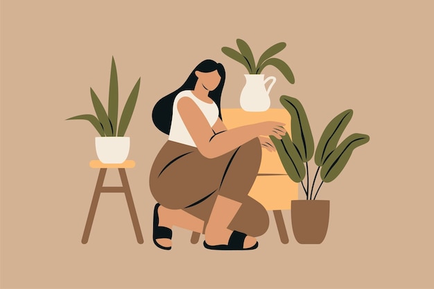 Vector introverted woman and plants vector illustration