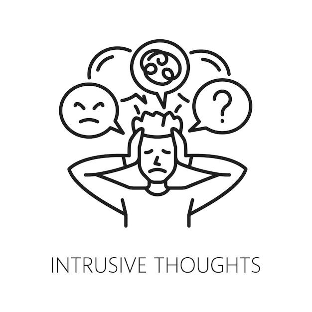 Intrusive thoughts psychological disorder problem mental health Human psychology problem or cognitive disorder mental health outline vector icon pictogram with man squeezes his head with hands