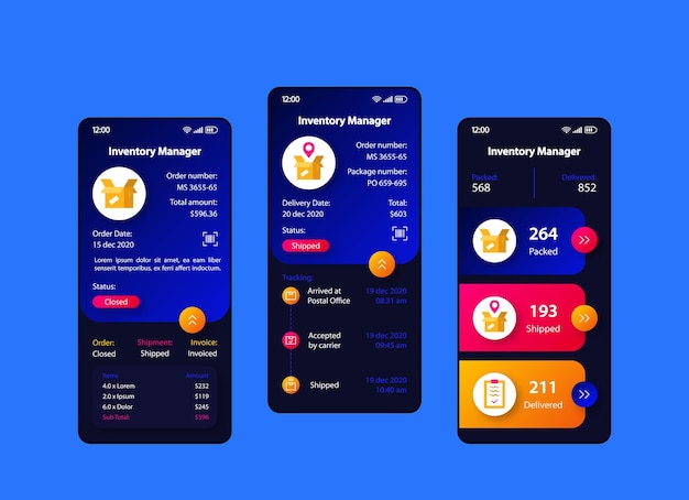 Inventory manager smartphone interface vector template set