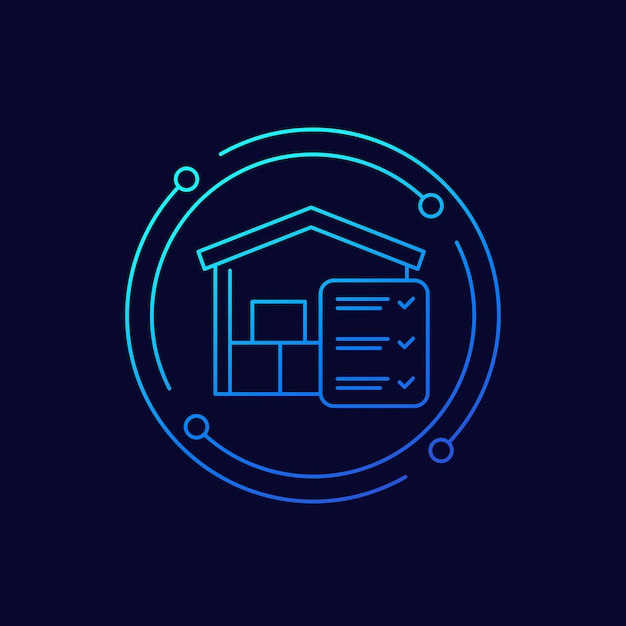 Inventory stock line icon with warehouse vector