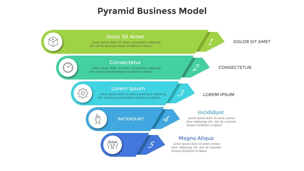 Piramide rovesciata divisa in 5 parti colorate o strati. concetto di cinque fasi o fasi del progresso aziendale. modello di progettazione infografica creativa. illustrazione vettoriale volumetrica per la presentazione.
