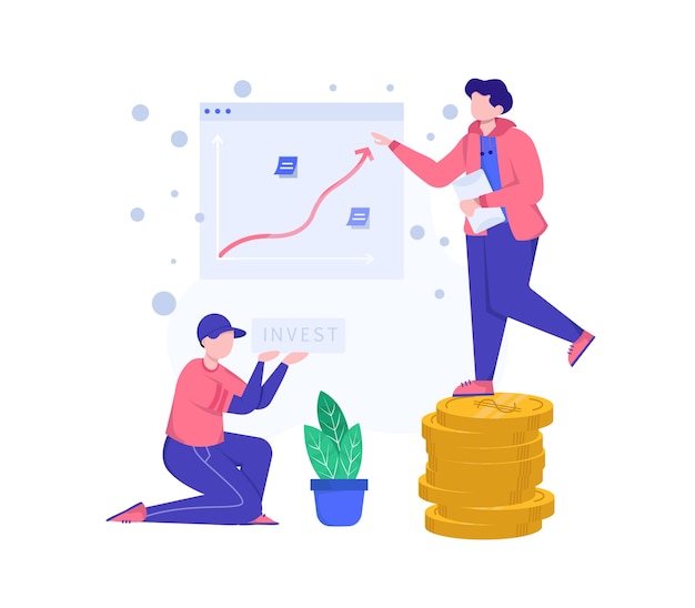 Vector invest illustration. two people are presenting about investment