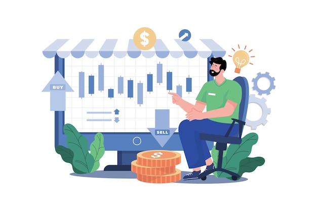 Investeerder analyseren Stock Market Illustratie concept op witte achtergrond