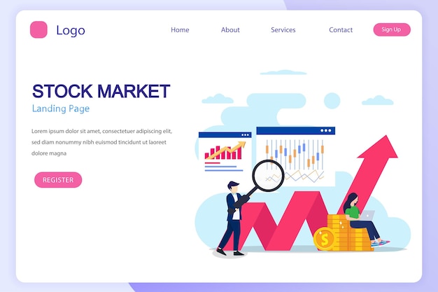 Investeren in de aandelenmarkt Mensen handelen in aandelen online Platte vectorsjabloon Stijl Geschikt voor webbestemmingspagina