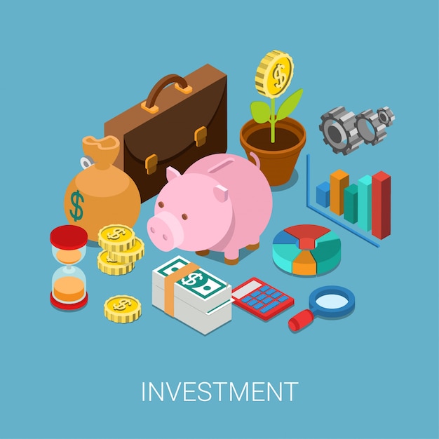 Investeringskapitalisatie geld besparingen financiën concept isometrische illustratie. Spaarvarken, muntbloemplant, geldzak, zandklok, tandrad, grafisch grafiekrapport, aktetas.