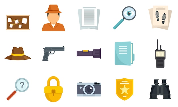 Investigator icons set. Flat set of investigator vector icons isolated on white background