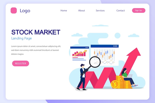 株式市場への投資オンラインで株を取引する人々 フラットベクターテンプレート Web ランディングページに適したスタイル