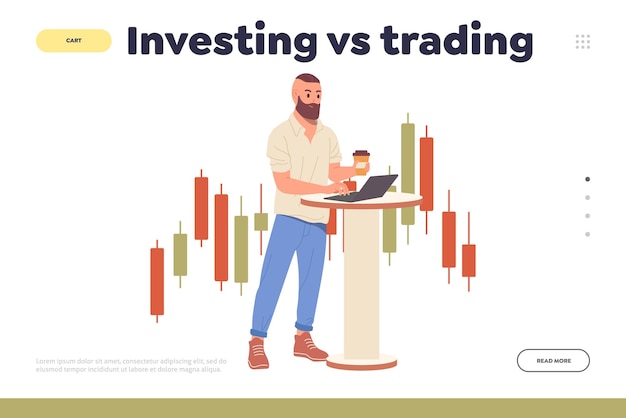 Investing versus trading comparison and review landing page design template with investor or trader cartoon male character working on laptop computer vector illustration Website for financial service