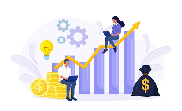 Vector investment and analysis money profits. investor sitting on stack of coins. employee making investing plans, calculating benefits on laptop. profitable investment, funding financial consulting, savings