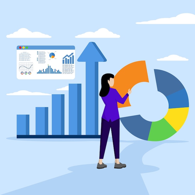 Vector investment asset allocation and balance concept female investor or financial planner standing on