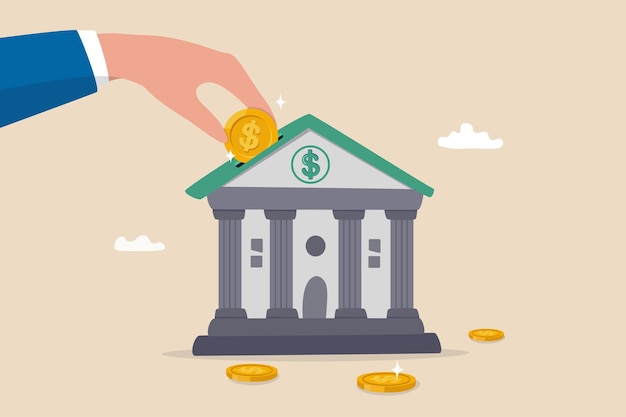 investment bank financial service to provide invest advisory wealth management or loan for company money growth or profit and earning concept businessman hand put dollar coin on investment bank