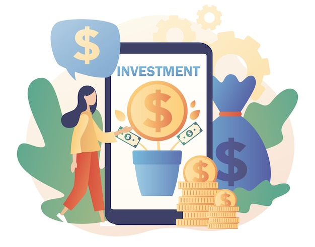 Investment and business concept. Tiny woman grow financial capital online. Investor strategy.