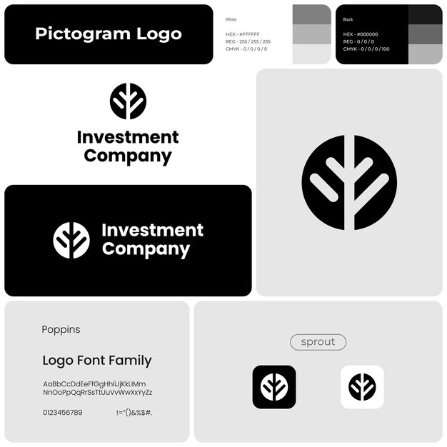 Vector investment company monochrome glyph business logo brand name capital market sprout symbol design element visual identity poppins font used suitable for financial consultant eco business