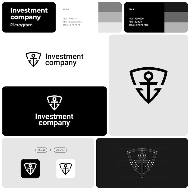 Vector investment company monochrome line business logo anchor shield simple icon brand name integrity corporate value design element visual identity heebo font used suitable for marketing campaign