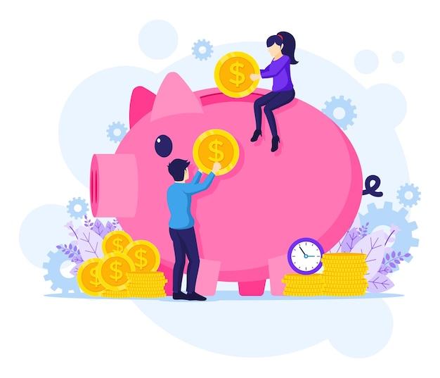 Investment concept illustration, People putting money into a giant piggy bank, money-saving flat vector illustration 